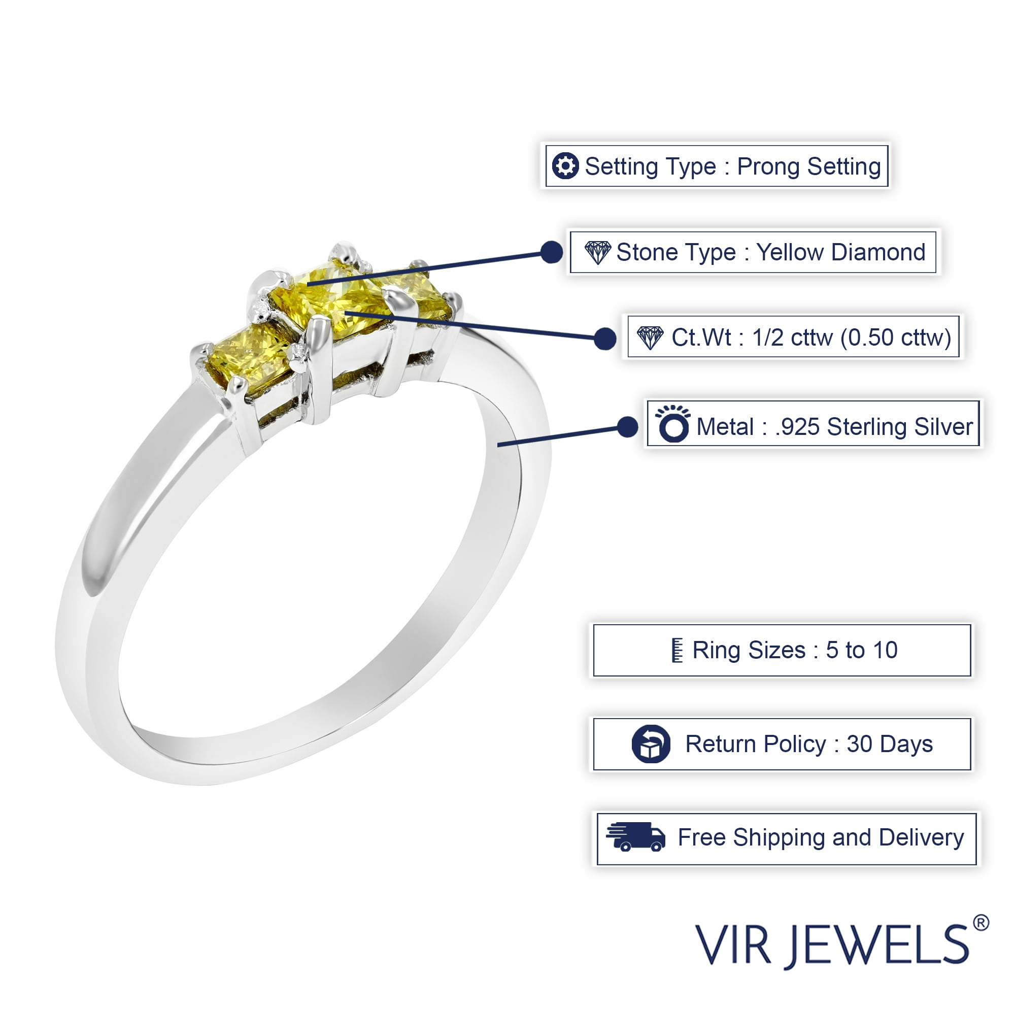 Vir Jewels 1/2 CTTW 3 Stone Princess Yellow Diamond Engagement Ring .925 Sterling Silver Size 7