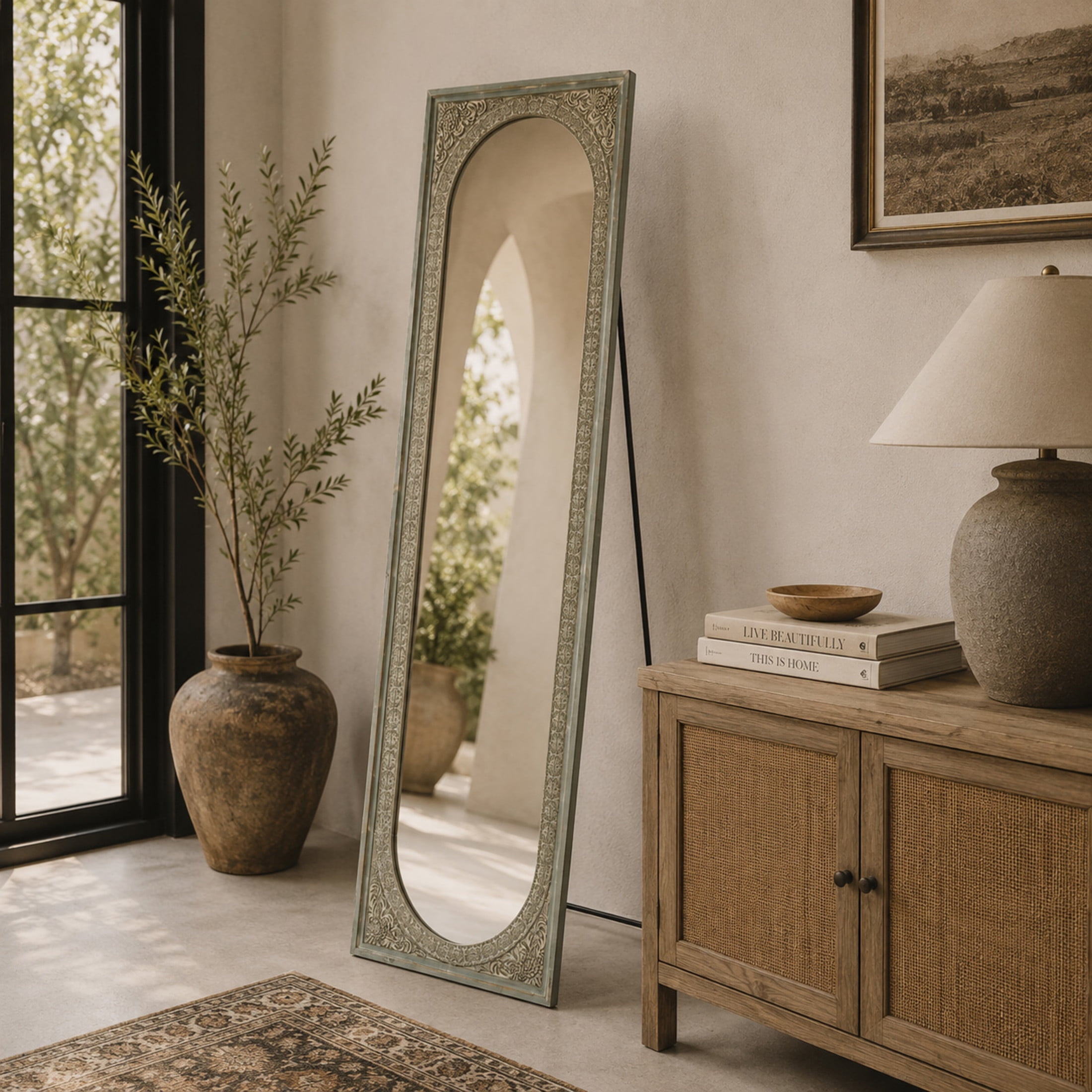 DecMode Bohemian Brown Carved Wood Floor Mirror with Flower and Scroll Designs, 20"W x 70"H