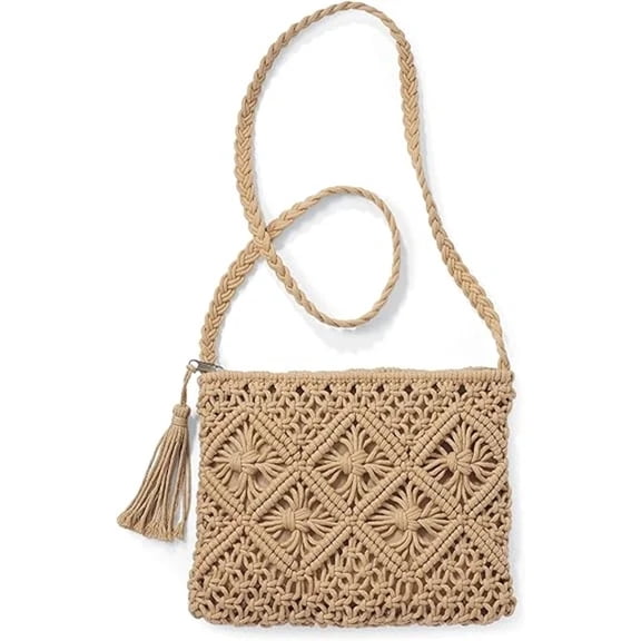 Woven Crossbody Bag for Women, Cotton Macramé Purse with Tassels, Boho Crochet Beach Summer Handbag for Vacations, 10” x 8”