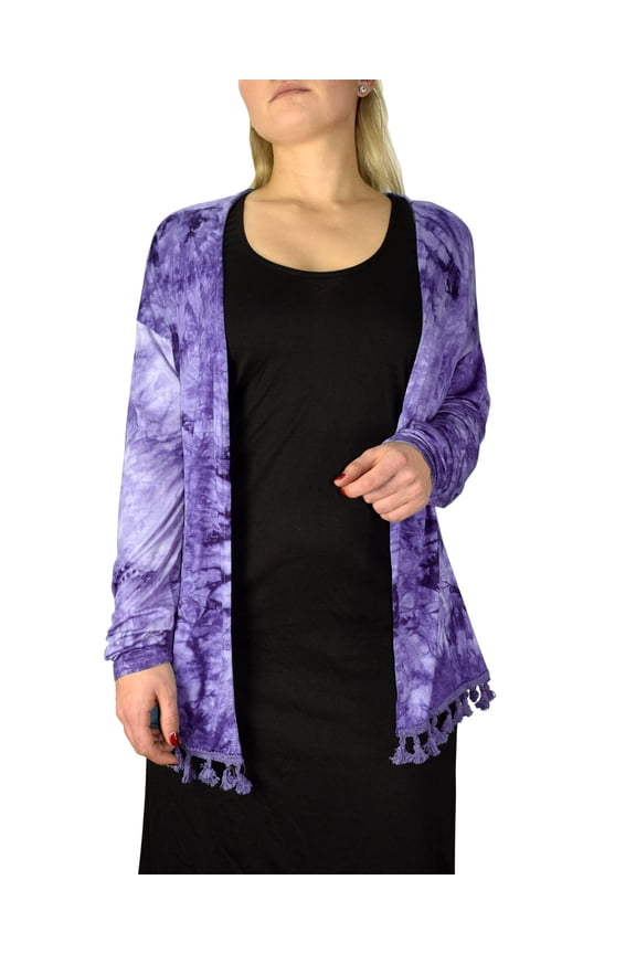 Tie Dyed Cascading Drape Asymmetric Hem Open Front Cardigan Top Violet Large/XL
