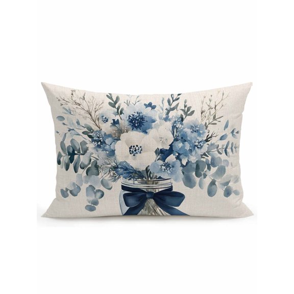 Outdoor Pillows Waterproof, Blue Spring Floral Bedding Throw Pillows with Insert for Couch Sofa Bed, Watercolor Summer Flowers Vintage 12x20 Inch Pillowcases Decorative Camping Patio Pillow Set of 1