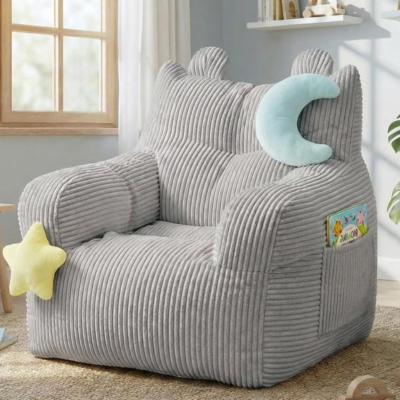 Bean Bag Chair for Kids with Plush Toys and Pocket, Grey
