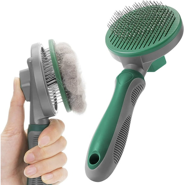 Cepillo para perros y gatos (verde), cepillo autolimpiante para el cuidado de perros, peine para perros y gatos con mango para pelo corto/largo, cepillo para mascotas con botón de autolimpieza para el