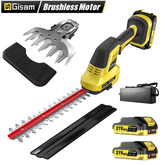 Gisam Cordless Electric Hedge Trimmer, 2-in-1 Mini Hedge Trimmer Cordless & Grass Shears, 2 x 2.0Ah Battery and Charger Included