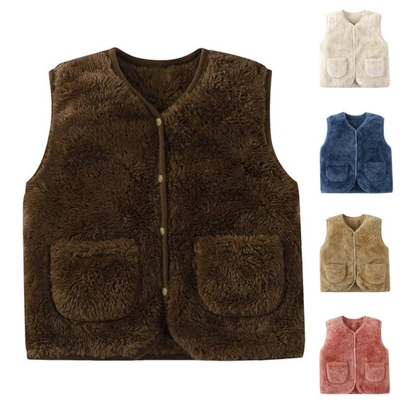 Pandaie Toddler Boys Girls Fleece Vest Kids Sherpa Sleeveless Jacket Button Down Fall Winter Waistcoat Outerwear Blue 3-4 Years