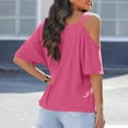 thumbnail image 7 of Women's T Shirts Off Shoulder Summer Solid Color Short Sleeve Casual Tees B-Hot Pink, 7 of 7