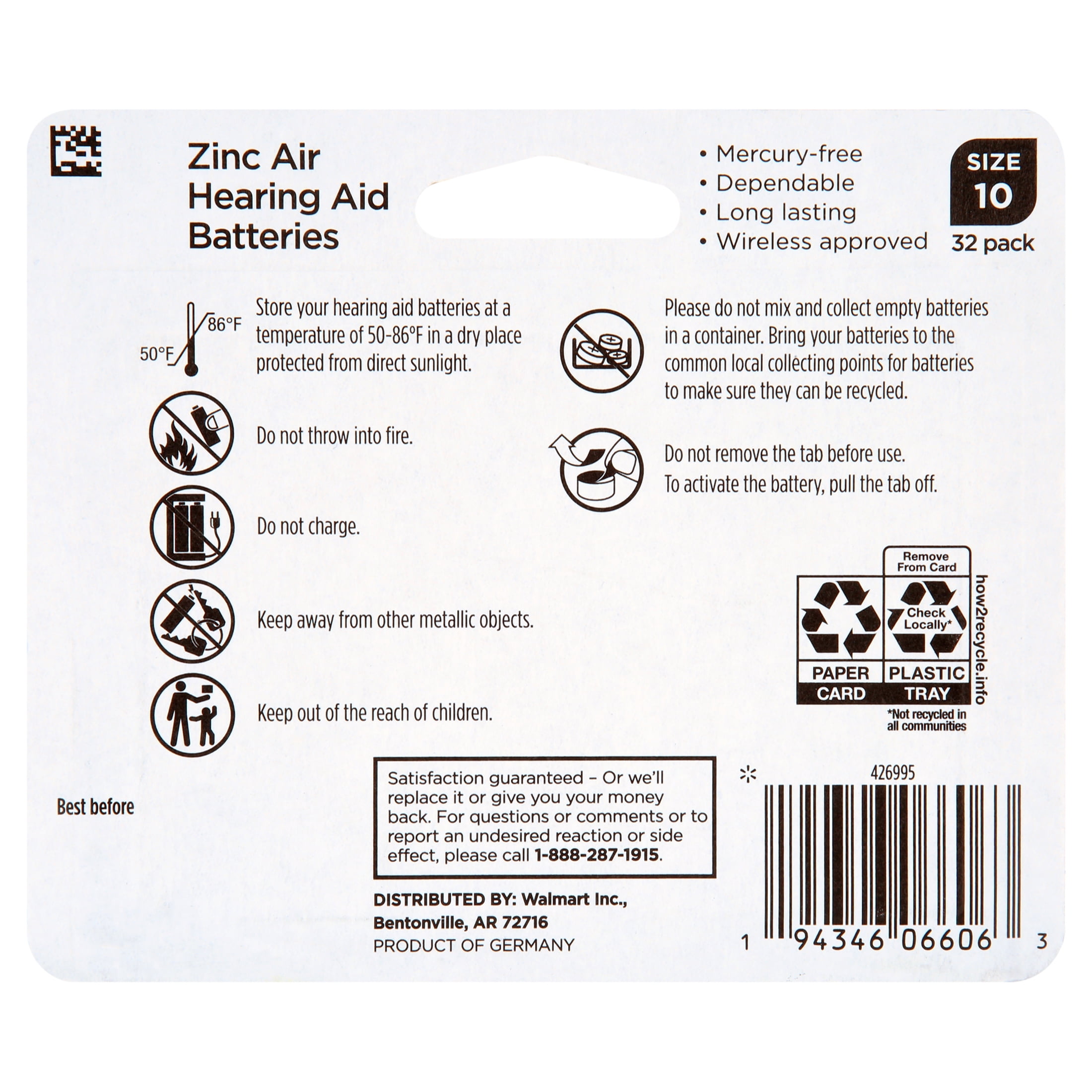 Equate Zinc Air Hearing Aid Batteries, Size 10, 32 Count