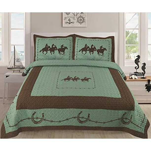 Linen Mart King Quilt 3 Piece Set Bedspread Coverlet Turquoise Brown