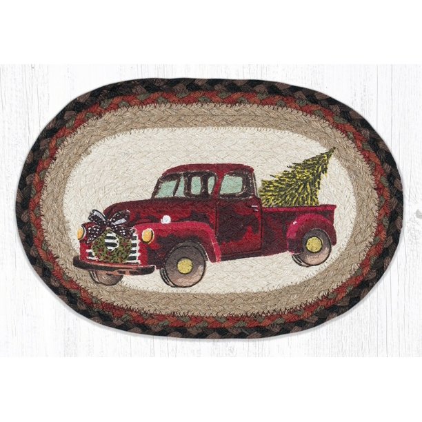 RED CHRISTMAS TRUCK 100 Natural Jute Oval Swatch Trivet/Placemat