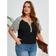 thumbnail image 3 of SHOWMALL Women's Plus Henley Tee Color-block Black 4X V-Neck Button-Up Short Sleeve Shirts Combo Casual Dressy Top, 3 of 8