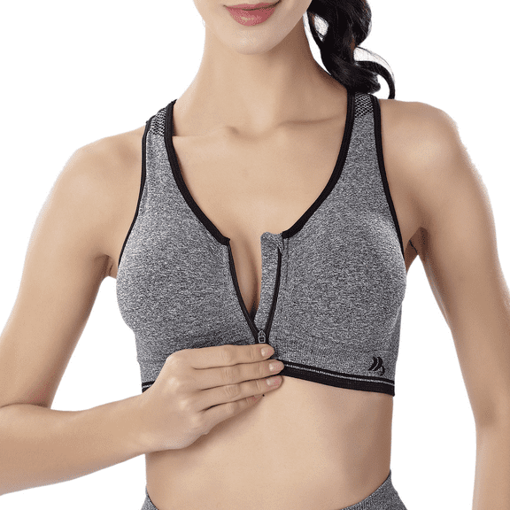 BIMEI Women's Mastectomy Zip Front Sports Bra Plus Size Yoga Wireless Post-Surgery Bra Gray M