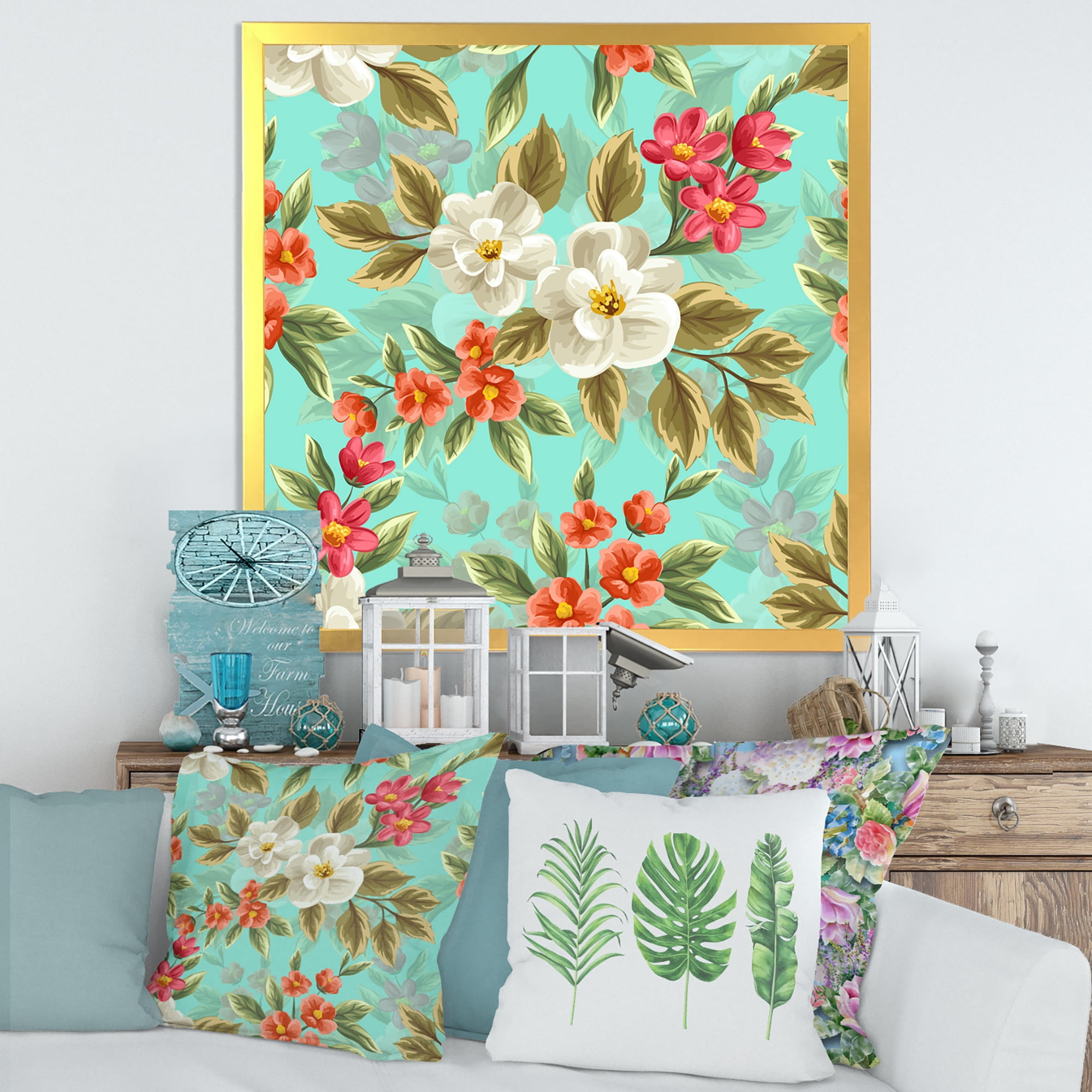 Designart 'Red and White Floral Seamless Pattern' Traditional Framed Art Print