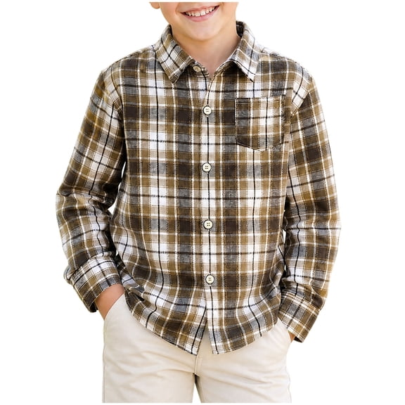 Lutiedan Button Down Dress Shirts for Boys Long Sleeve Color Block Plaid Shirts Classic School Uniform Shirts Sizes 1-11,Khaki