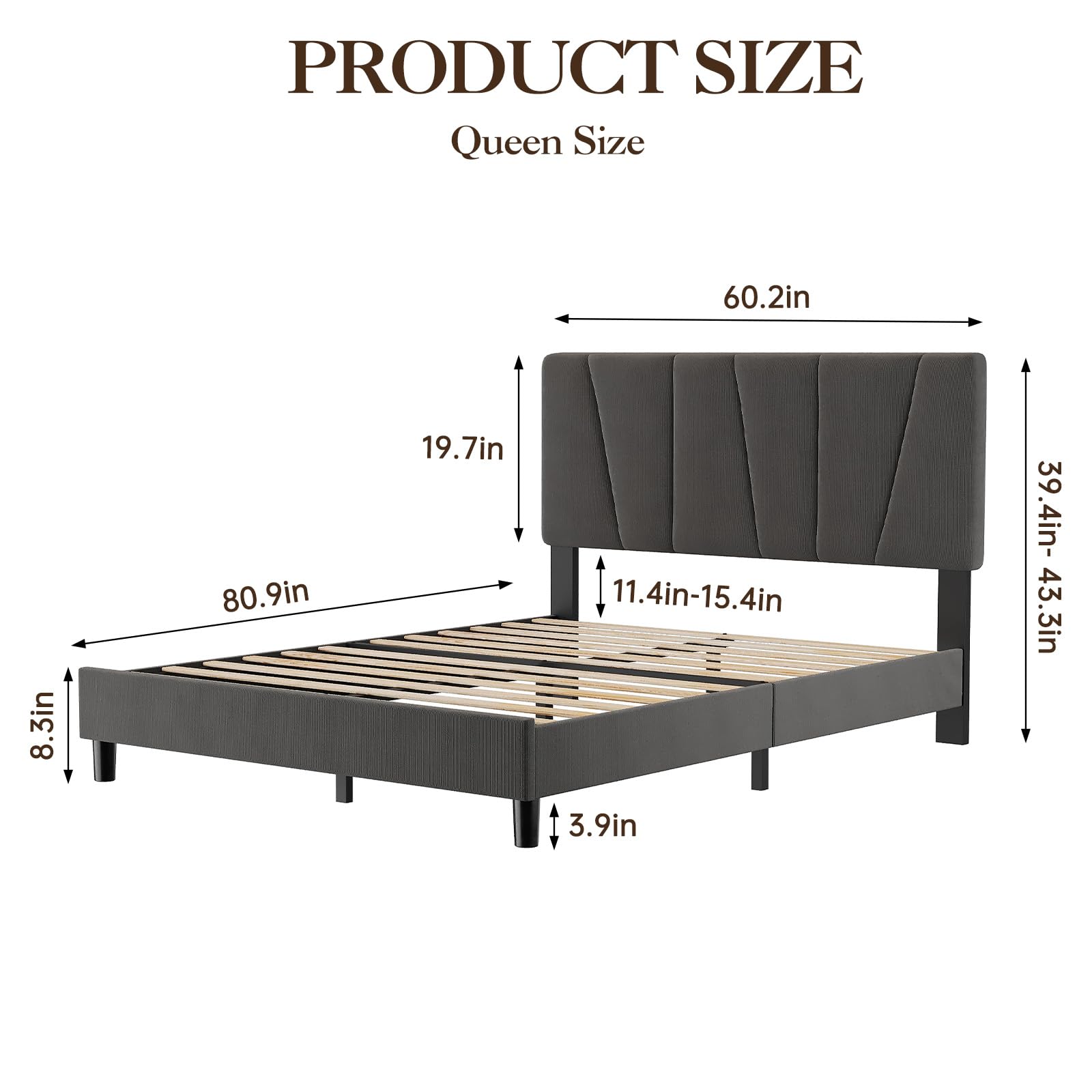 Queen Size Upholstered Platform Bed Frame with Soft Padded Diagonal Headboard,Noise-Free Wooden Slat Bed Frame