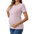 thumbnail image 4 of INSPIRE CHIC Womens Ribbed Knit Short Sleeve Nursing Shirts Crossover Maternity Breastfeeding Top X-Large Pink Gray, 4 of 6