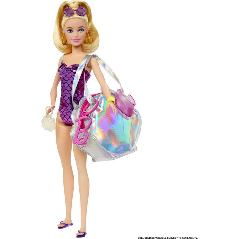 Barbie Clothes, Deluxe Clip-On Beach Bag with Swimsuit and Five Themed  Accessories for Barbie Dolls