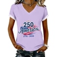 thumbnail image 3 of KDDYLITQ Womens U.s. 250th Anniversary Tshirt Summer American Flag Short Sleeve T-Shirts 4th July Printed American Birthday Tops Usa Star Stripes Floral V Neck Blouses Light Purple L, 3 of 5