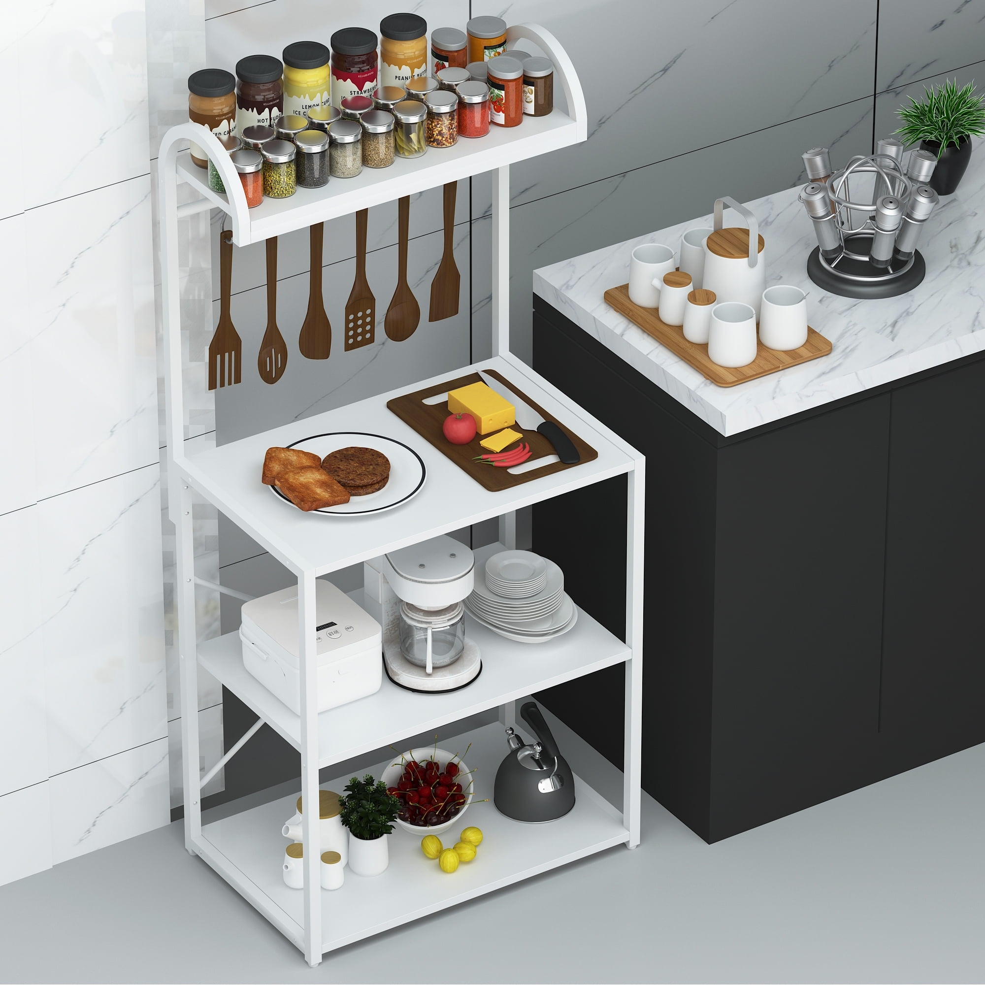 HIUU White Bakers Rack,25 Inches Microwave Stand with Storage,Kitchen