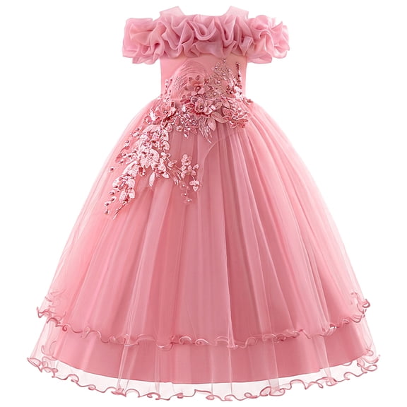 IDOPIP Flower Girl Dress Birthday Party Princess Dress Tulle Pageant Gown Kids Floral Lace Embroidery Formal Bridesmaid Dress Wedding Prom Communion Dresses 8 Years Pink