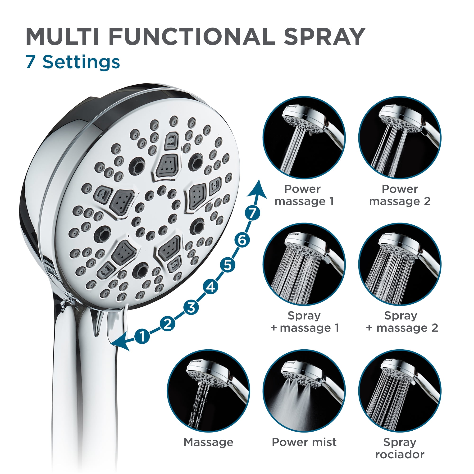 BLACK+DECKER High Pressure Handheld Shower Head with 9 Spray Settings and Stainless Steel Hose, Chrome