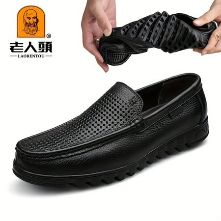 

woep Men s Premium Leather Hollow Out Loafer Shoes Lightweight Wear-resistant Driving Shoes Spring And Summer Father s Gift