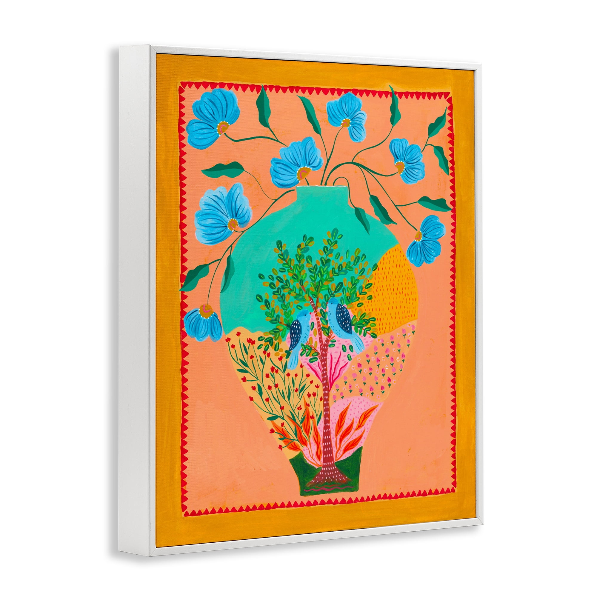 Bluebirds & Boho Flower Vase White Framed Giclee Art, design by Nabeela Rumi