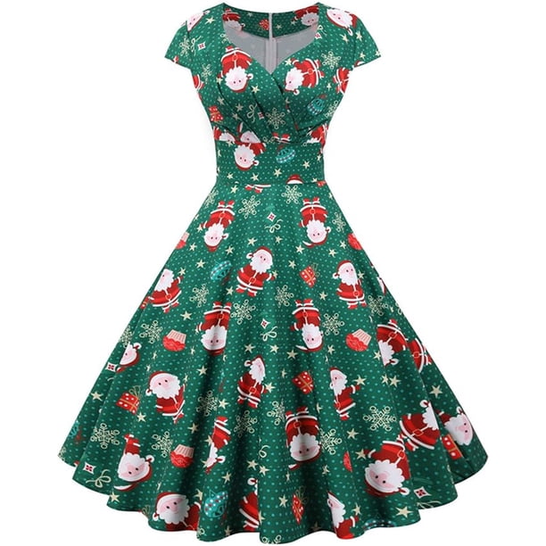 Vestido de Navidad para mujer, estilo vintage, manga corta, estilo años 50, estilo retro, para cóctel, escote en V, falda plisada, vestido de fiesta, elegante, estilo festivo, estilo