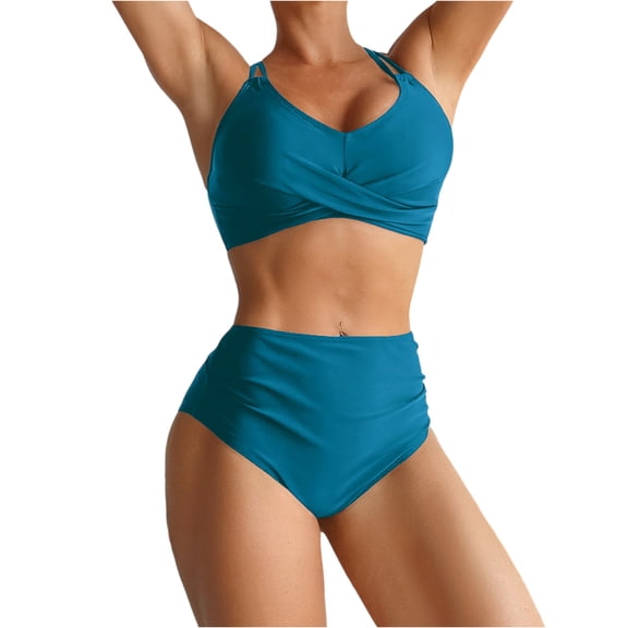 Women's High Waisted Bikini Sets Push Up Twist Front Spaghetti Straps Ruched Two Piece Swimsuit Bathing Suit Blue L