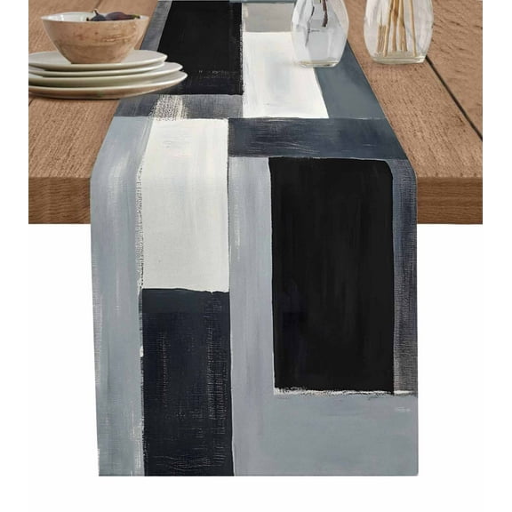 Ldtrchee Black Grey Table Runner 72 Inches, Modern Abstract Art Geometric Bed Runner Dresser Scarves Tabletop for Indoor Outdoor Parties/Ceremony/Banquet, 14" x 72"