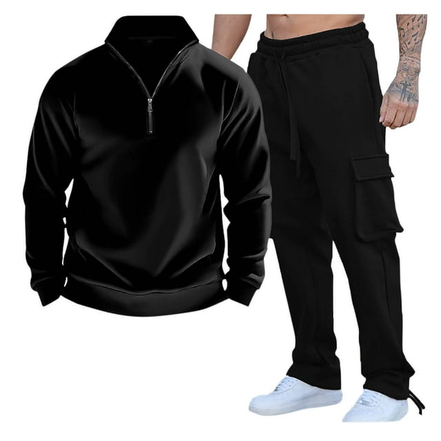 Styesk Tenues pour Hommes 2 Pcs Ensemble Décontracté Couleur Unie Sports Manches Longues Poche Zippée Col Rabattu Pantalon Long