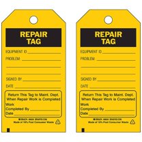 Brady Rpr Tag,5-3/4 x 3 In,Bk/Yel,3/8 In,PK100 86664