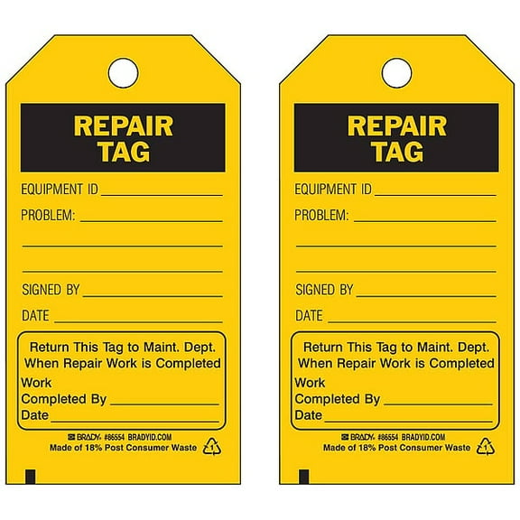 Brady Rpr Tag,5-3/4 x 3 In,Bk/Yel,3/8 In,PK100 86664