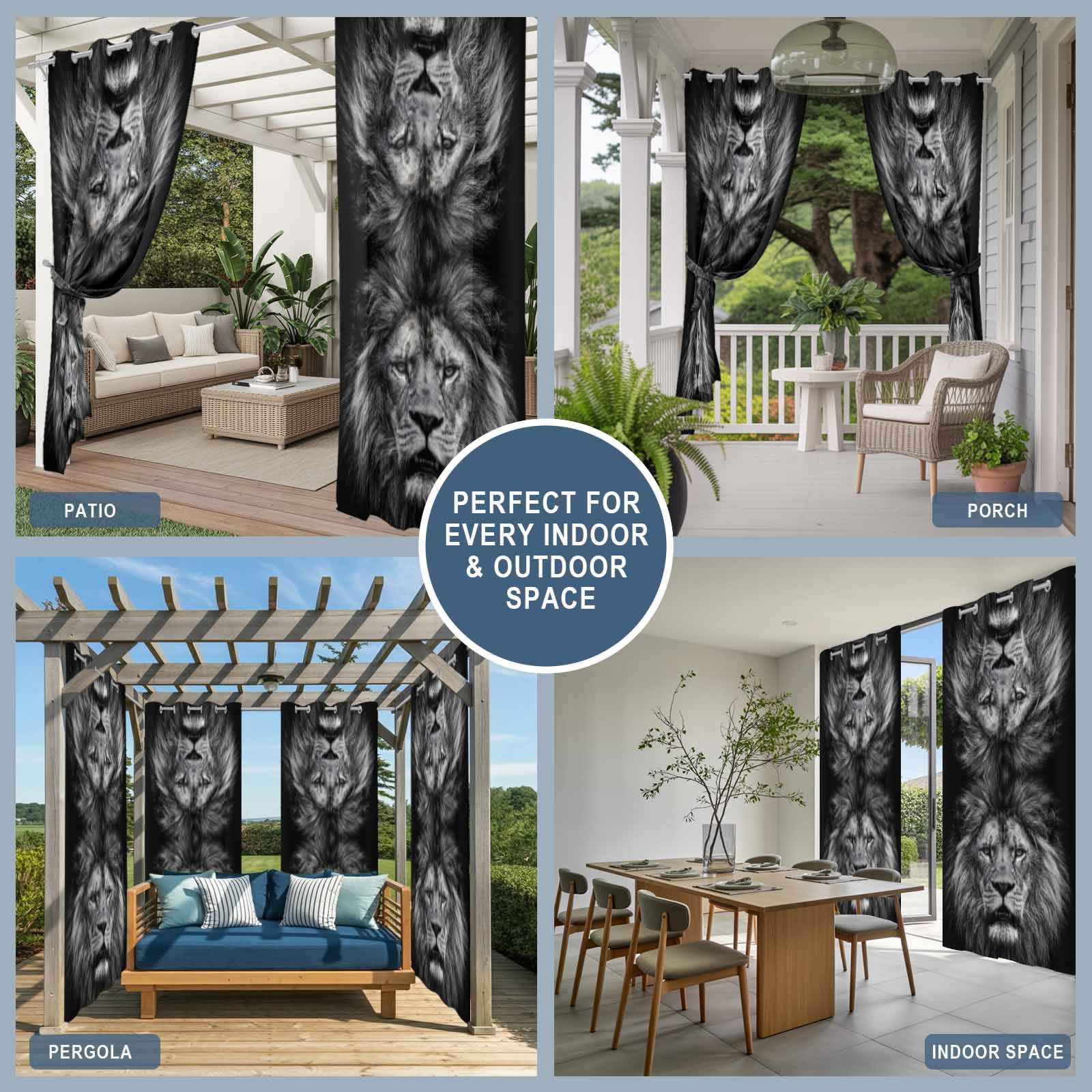 Lion Outdoor Curtains for Patio, Modern Minimalist Black White Powerful Wild Animal Lion Head Sunshade Privacy Drapes Grommet Waterproof Outside Curtains for Porch/Cabana/Balcony 54"x 108", 1 Panel