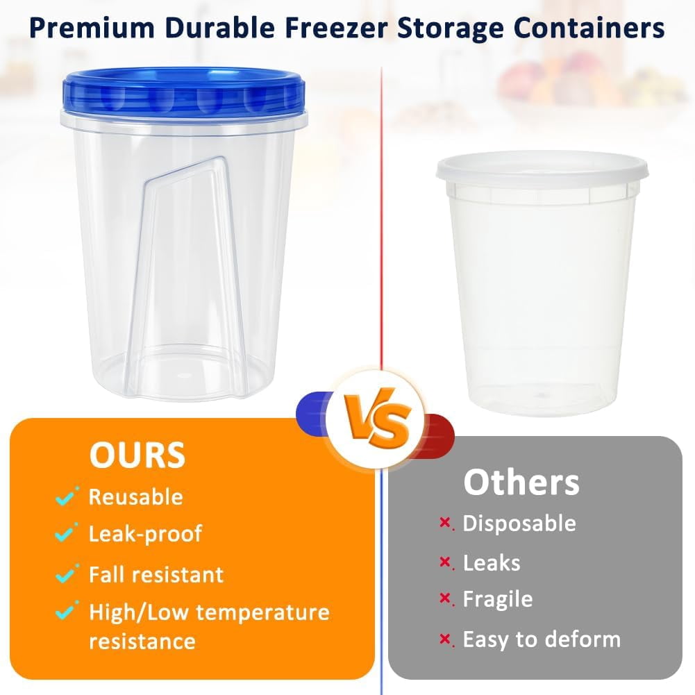 10 Pack 34oz Reusable Freezer Food Storage Containers with Twist Top Lids, Airtight Plastic Meal Prep Food Containers for Leftover Lunch Fruit Salad Oats, Clear Large Soup Container Microwave Safe