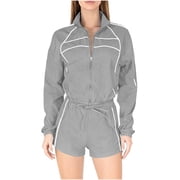 QSAWXQZ Women's 2PC Athletic Set Long Sleeves Lapel Collar Zip Up Cropped Jacket Elastic Waist Shorts Casual Outfit for Workout XL