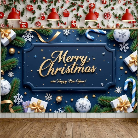 Gold Lettering Christmas Banner Snowflake Design Happy New Year Banner Blue Background Golden Stars Holiday Banner for Christmas Party New Year Celebration Holiday Decoration