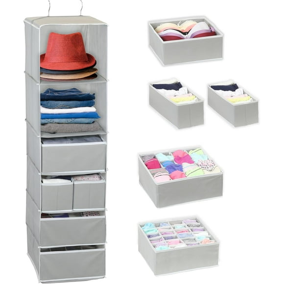 shiyou-SimpleHouseware 6 Shelves Hanging Closet Organizer with 5 Drawer Storage, Grey