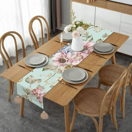

Flower Watercolor Floral Spring Table Runner Imitation Linen Table Runner With Khaki Tassels For Party And Dining Room 14 x 60