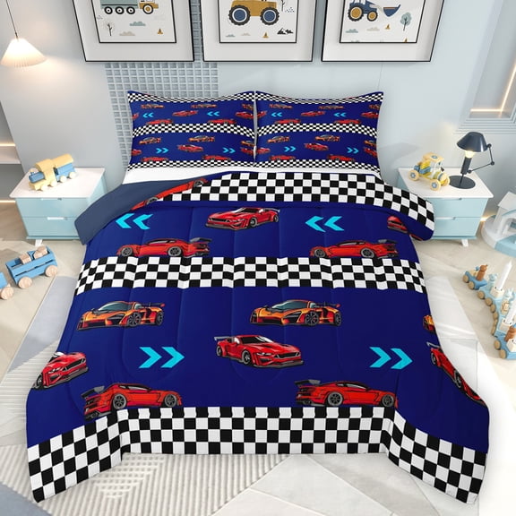 Homewish Kids Teens Racing Car Bedding Comforter Set 2pcs,Extreme Sport Twin Comforter Sets Microfiber,Geometric Plaid Grid Breathable Bedding Set,Luxury Bedroom Decor,Reversible