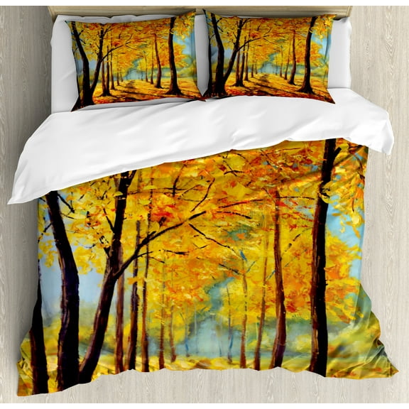 Country Duvet Cover Set, Painting of a Park in Autumn Fall with Pale Warm Tone Leaves Harmony Nature Print, Decorative 3 Piece Bedding Set with 2 Pillow Shams, Calking Size, Yellow Brown, by Ambesonne