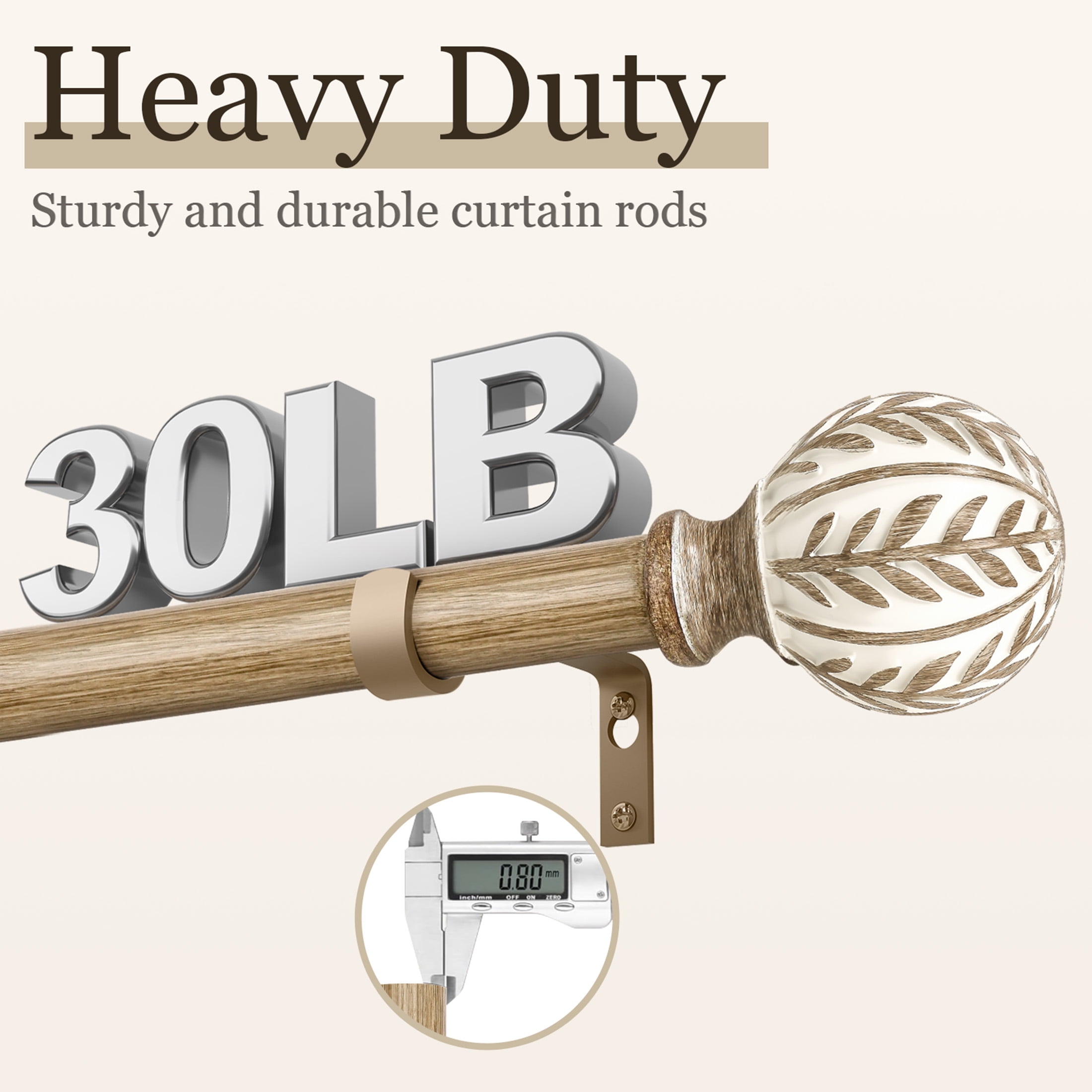 Yokila Farmhouse White And Brown Curtain Rods for Windows 18 to 60 Inches Adjustable Length Heavy Duty 1" Diameter Single Window Curtain Rod with Decorative Finials for Bedroom Living Room Kitchen