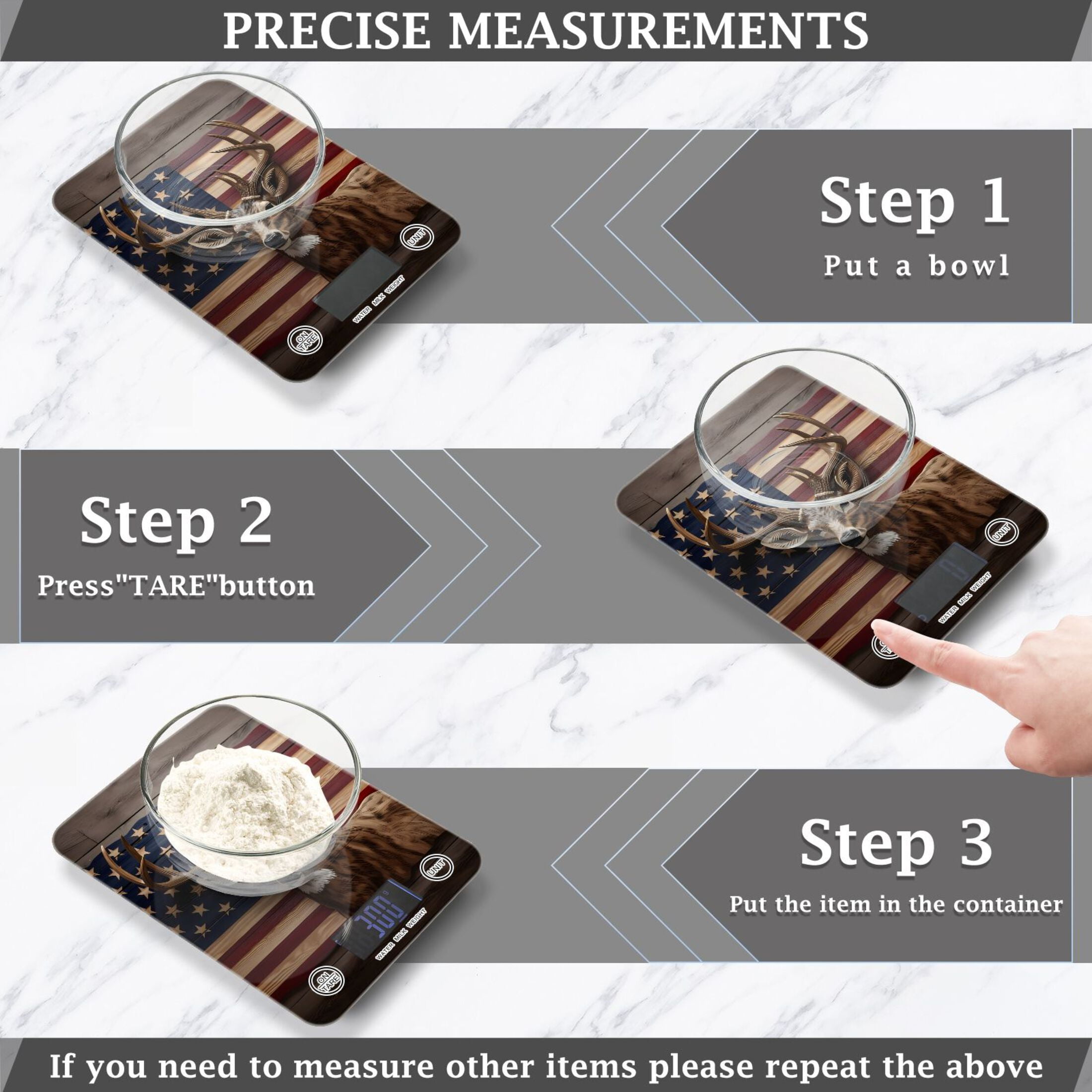 American Flag Deer Food Scale Digital Kitchen Scale Waterproof Tempered Glass Tare Function 11 lb for Baking Cooking Meal Prep