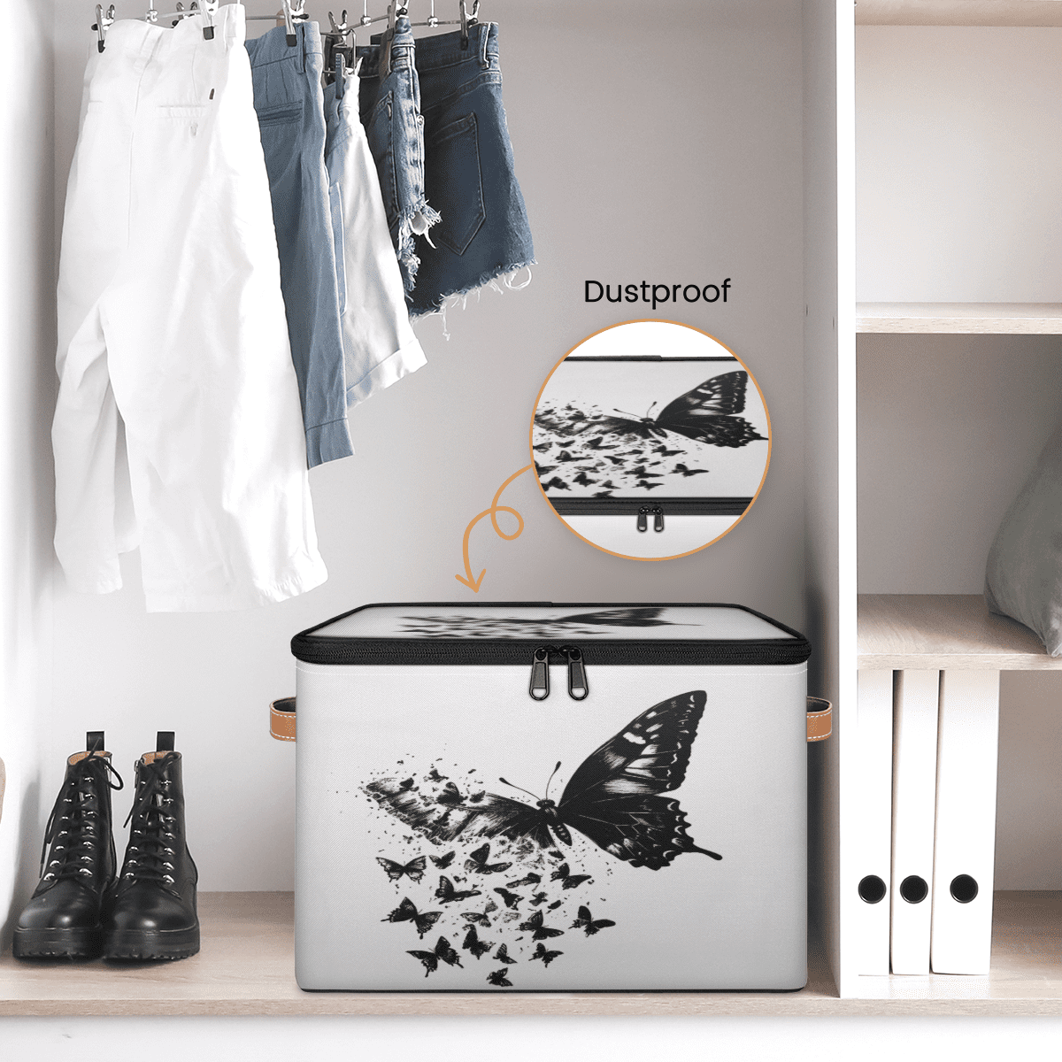 ADECORIVY Butterfly Storage Bin with Lid Fabric Black White Foldable Storage Baskets Boxes for Clothes Shelves Closet Organizer Containers with Leather Handles for Wardrobe