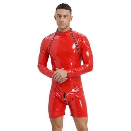 iEFiEL Mens Zipper Crotch Long Sleeve Jumpsuit Wet Look Patent Leather Bodysuit Club Performance Costume Red M