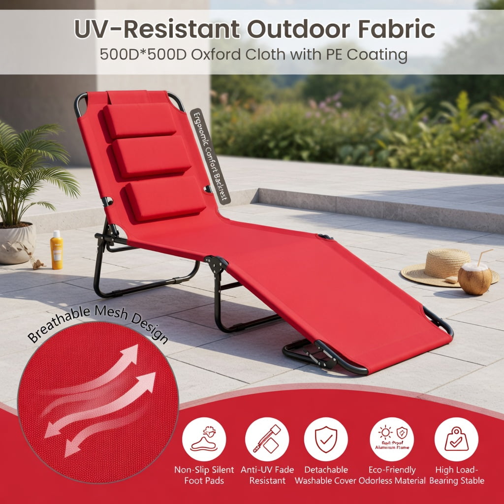 Hommoo Portable Folding Face-Down Tanning Chair with Adjustable Backrest, 3 Removable Zippered Pillows, Heavy-Duty Oxford Fabric, Red