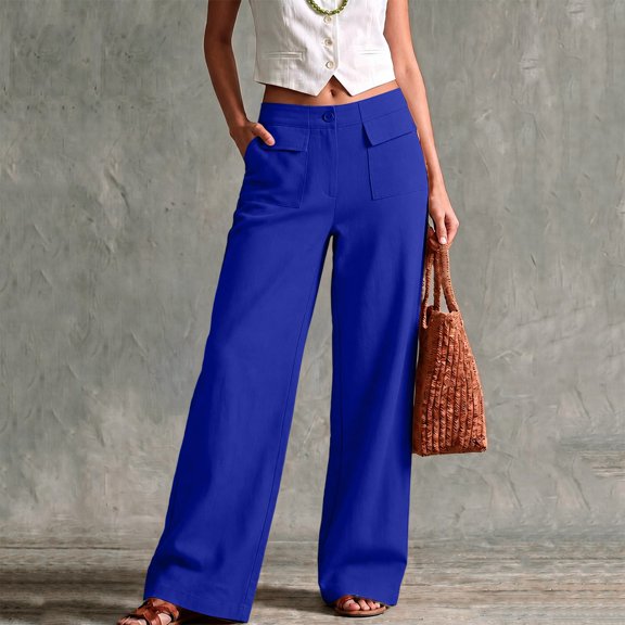 Women's Linen Wide Leg Pants High Waisted Elastic Back Loose Flowy Trousers with Pockets Summer Casual Beach Vacation Lounge Pants Breathable Daily Wear