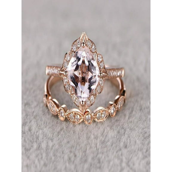 Antique 1.50 carat Round Cut Morganite and Diamond Halo Bridal Set in Rose Gold: Bestselling Design