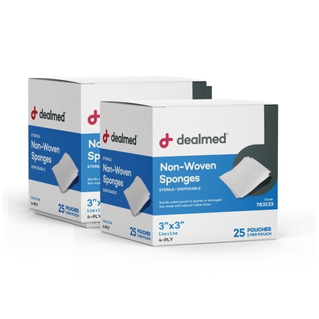 Dealmed 3" x 3" Premium Non-Woven Sponges, 4-Ply Absorbent Gauze Pads for First Aid Kits and Medical Facilities, Sterile 2's, 25 Pouches/Box (Pack of 2)