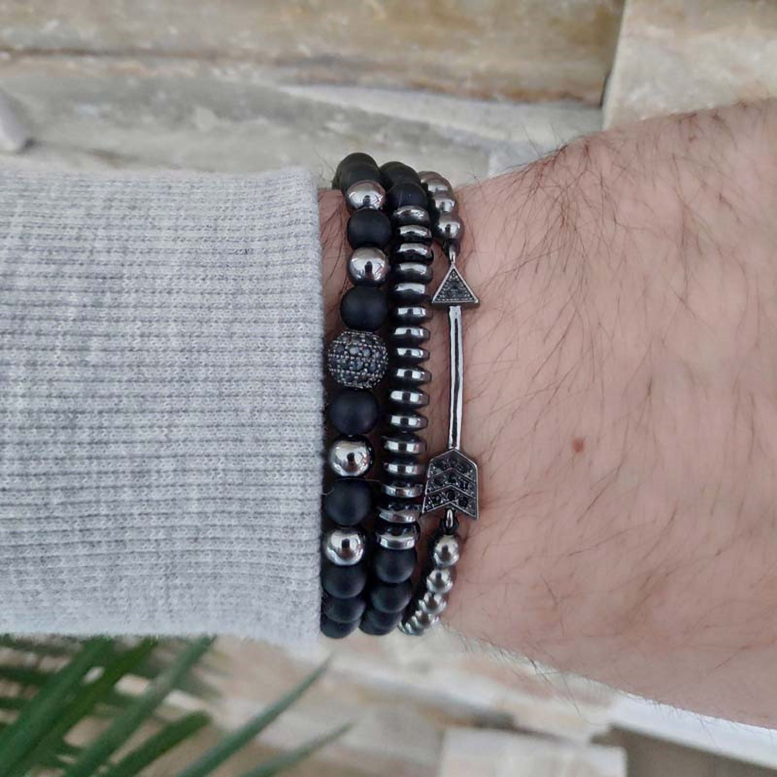 Elegant Black Matte Braided Bracelet Set for Men with Copper Zircon Embellishments