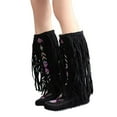thumbnail image 2 of Knee High Boots for Women, Embroidered Fringe Faux Suede Booties Cowboy Winter Comfortable Warm Vintage Flat Heel Cowgirl Western Long Snow Tassel Boots, 2 of 3